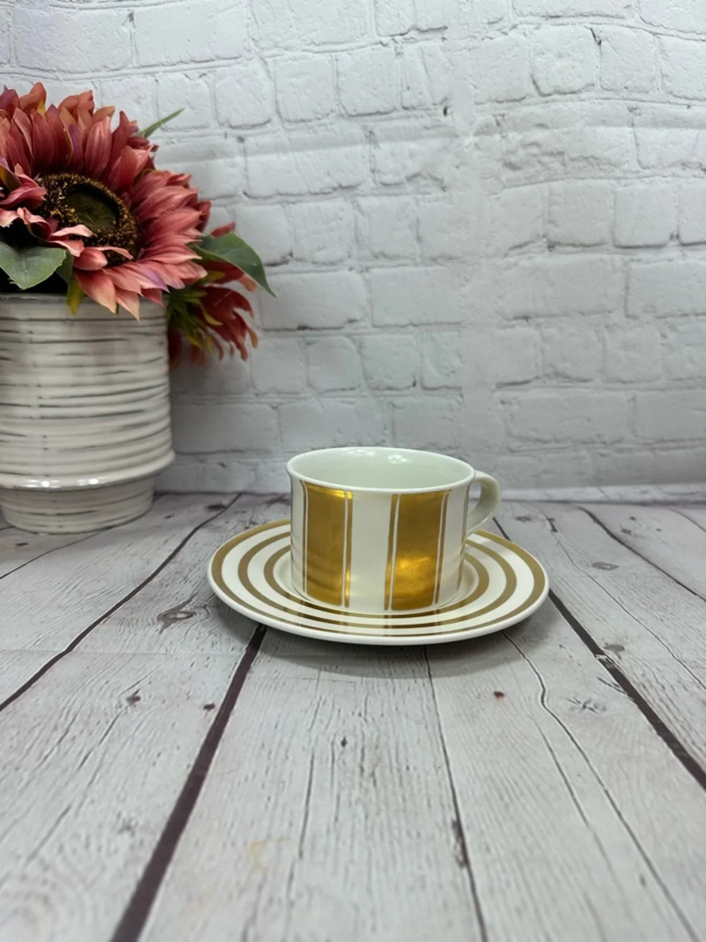 Fifth Avenue by Mikasa Flat Demitasse Cup & Saucer Set gold cream stripe